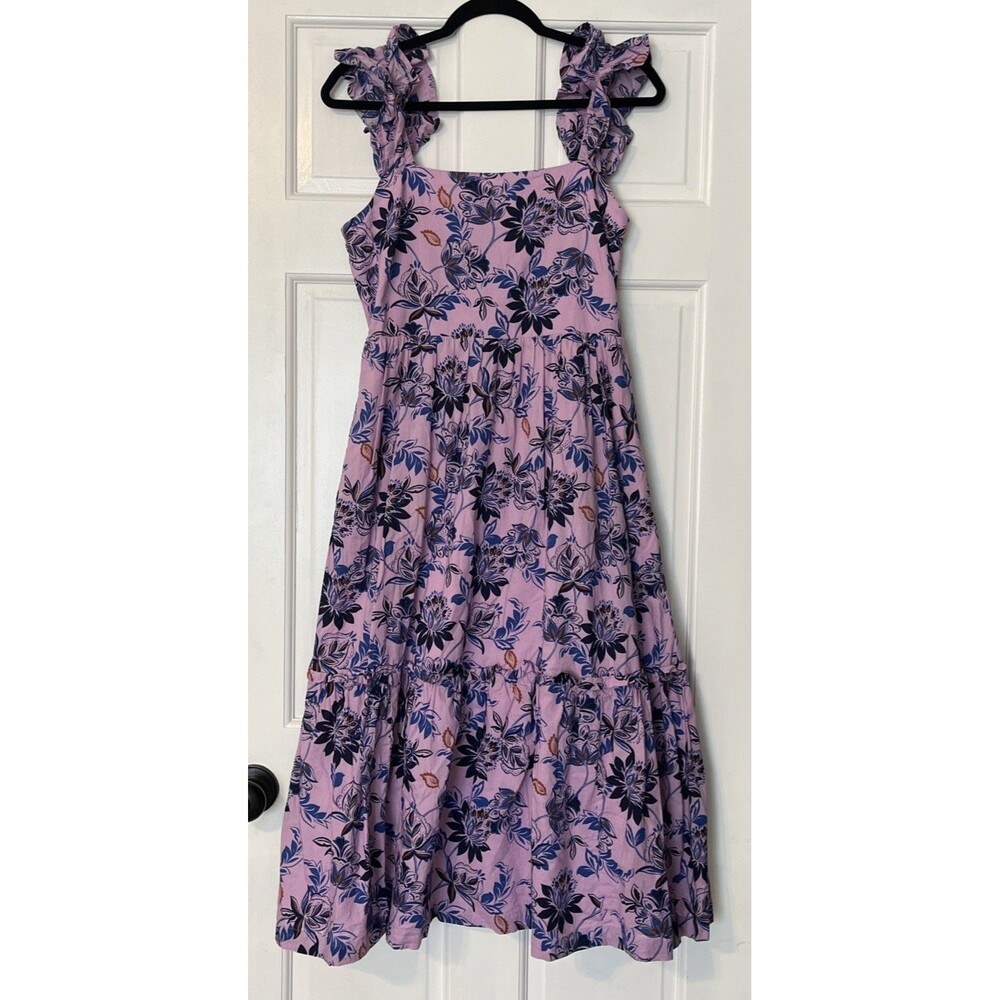 J Crew Midi Dress 6 Floral Smocked Tiered Ruffle Sleeve Purple Boho Preppy